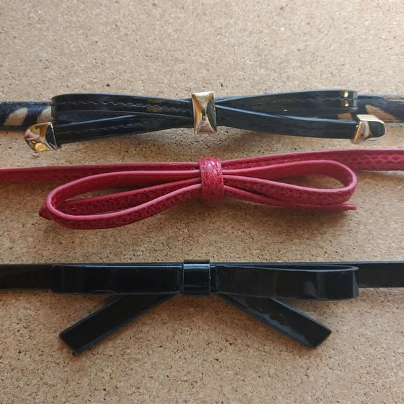 White House Black Market 3 Thin Textured Waist Belts Bows Black Red Animal Print - Picture 7 of 16